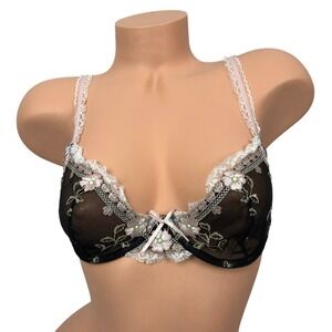 Sheer Mesh Floral Embroidered Bra 36C Unpadded Underwire Sexy Y2K Coquette Black